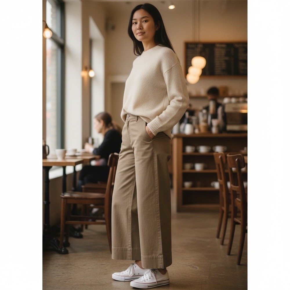 Eileen Fisher Wide Leg Stretch Denim Pants Khaki Women's S Organic Cotton
